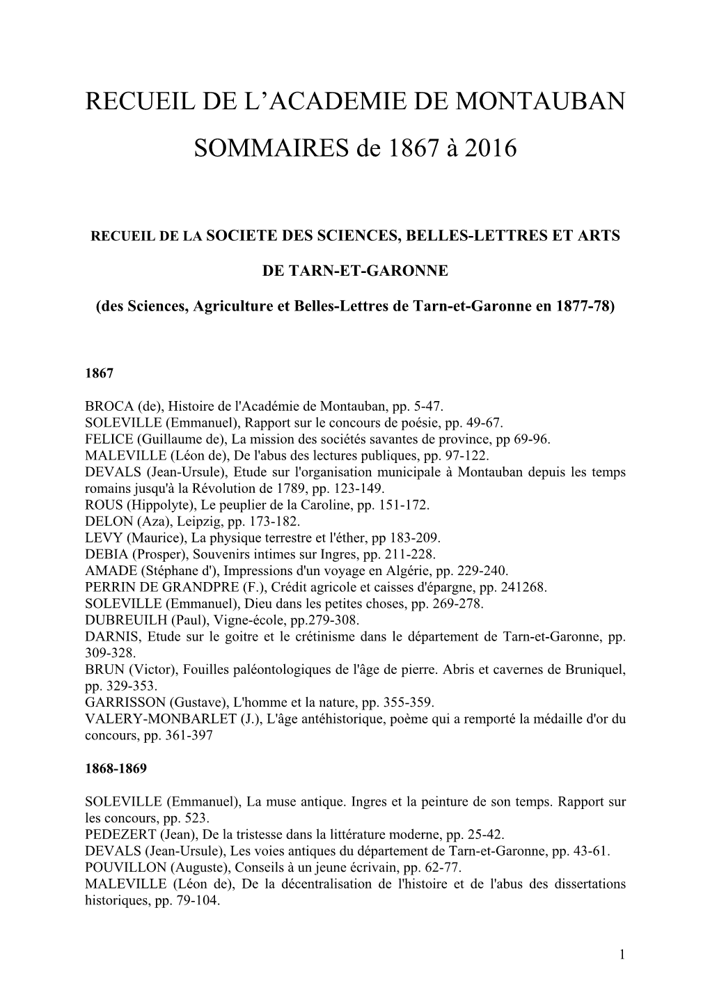 Les Sommaires Du Recueil De L'academie De 1867 a 2016