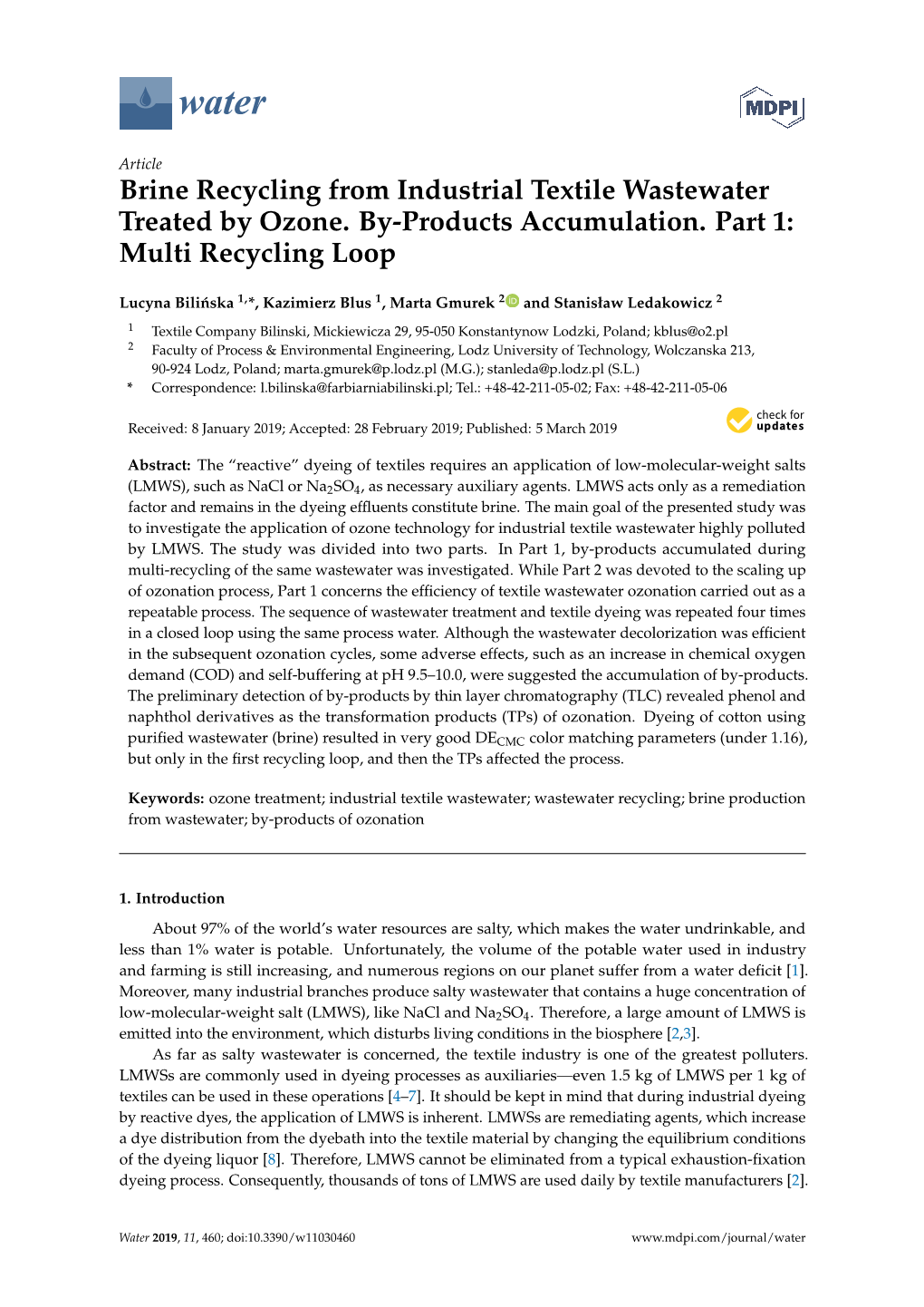 Brine Recycling from Industrial Textile Wastewater Treated by Ozone