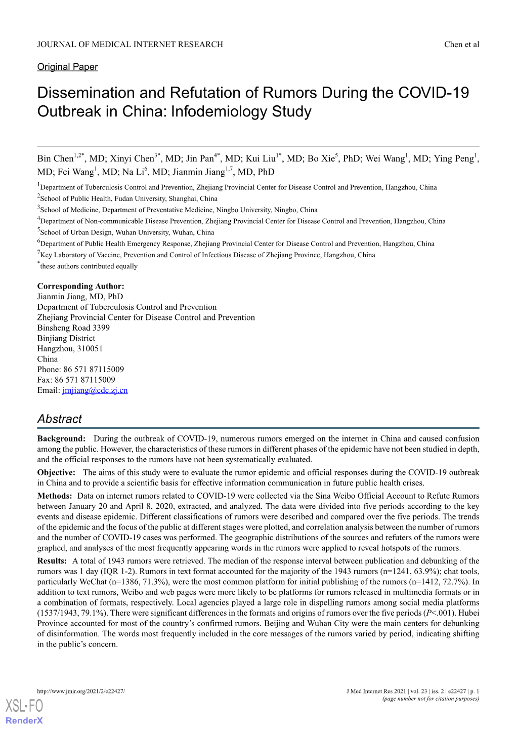 Dissemination and Refutation of Rumors During the COVID-19 Outbreak in China: Infodemiology Study