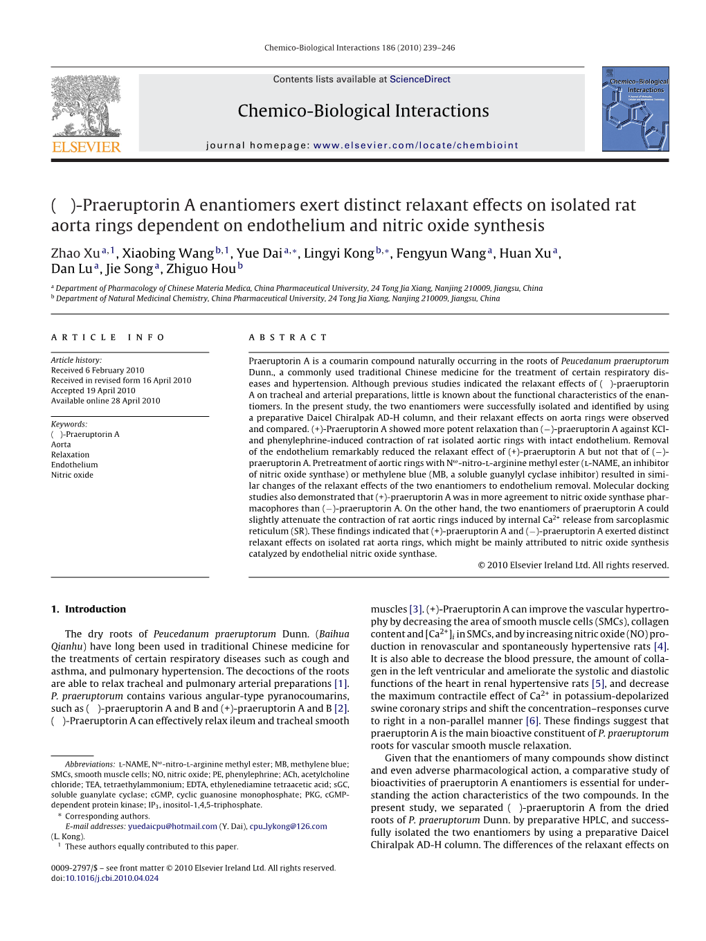 Praeruptorin a Enantiomers Exert Distinct Relaxant Effects on Isolated Rat Aorta Rings Dependent on Endothelium and Nitric Oxide Synthesis