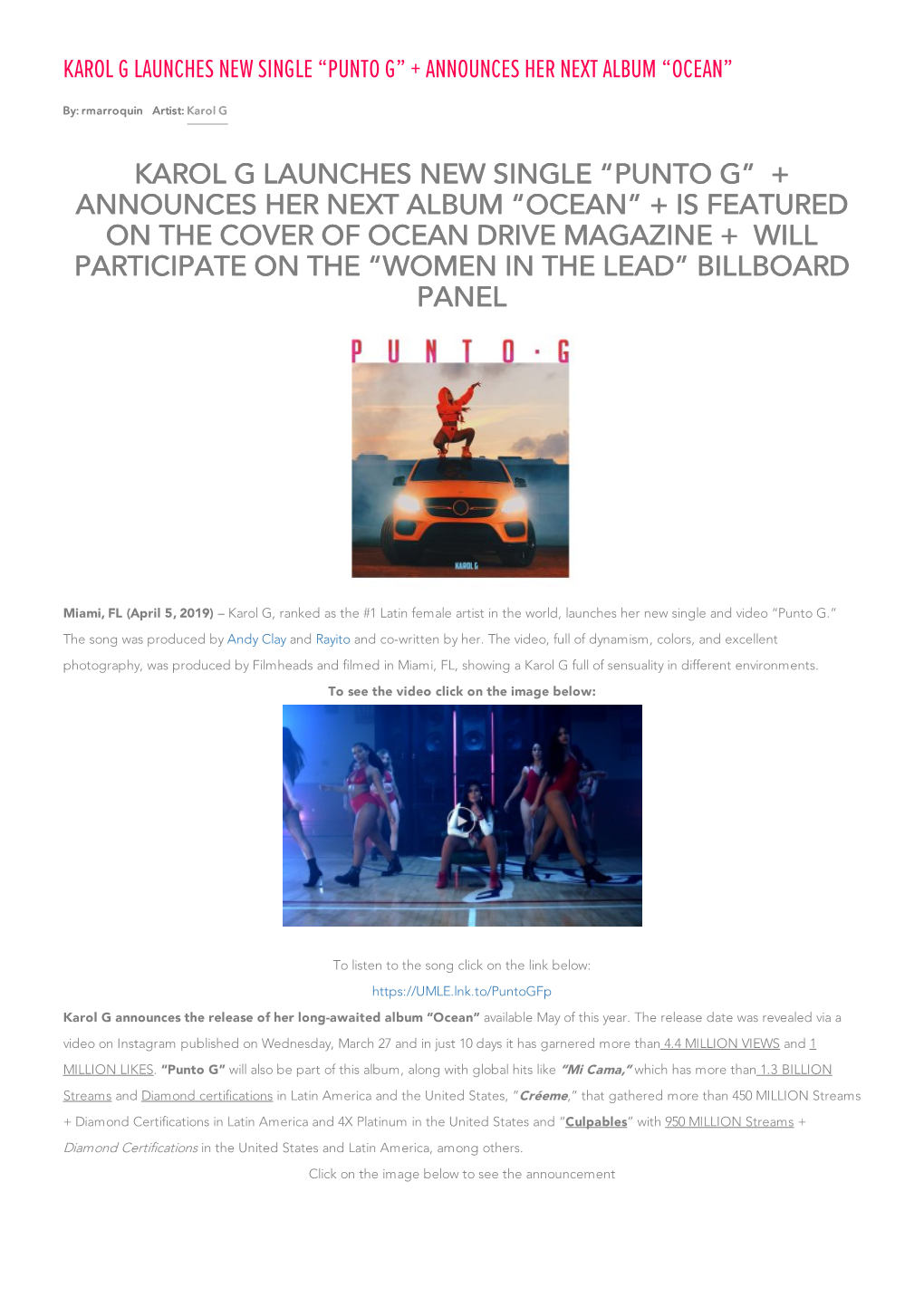 Karol G Launches New Single “Punto G” + Announces Her Next Album “Ocean”