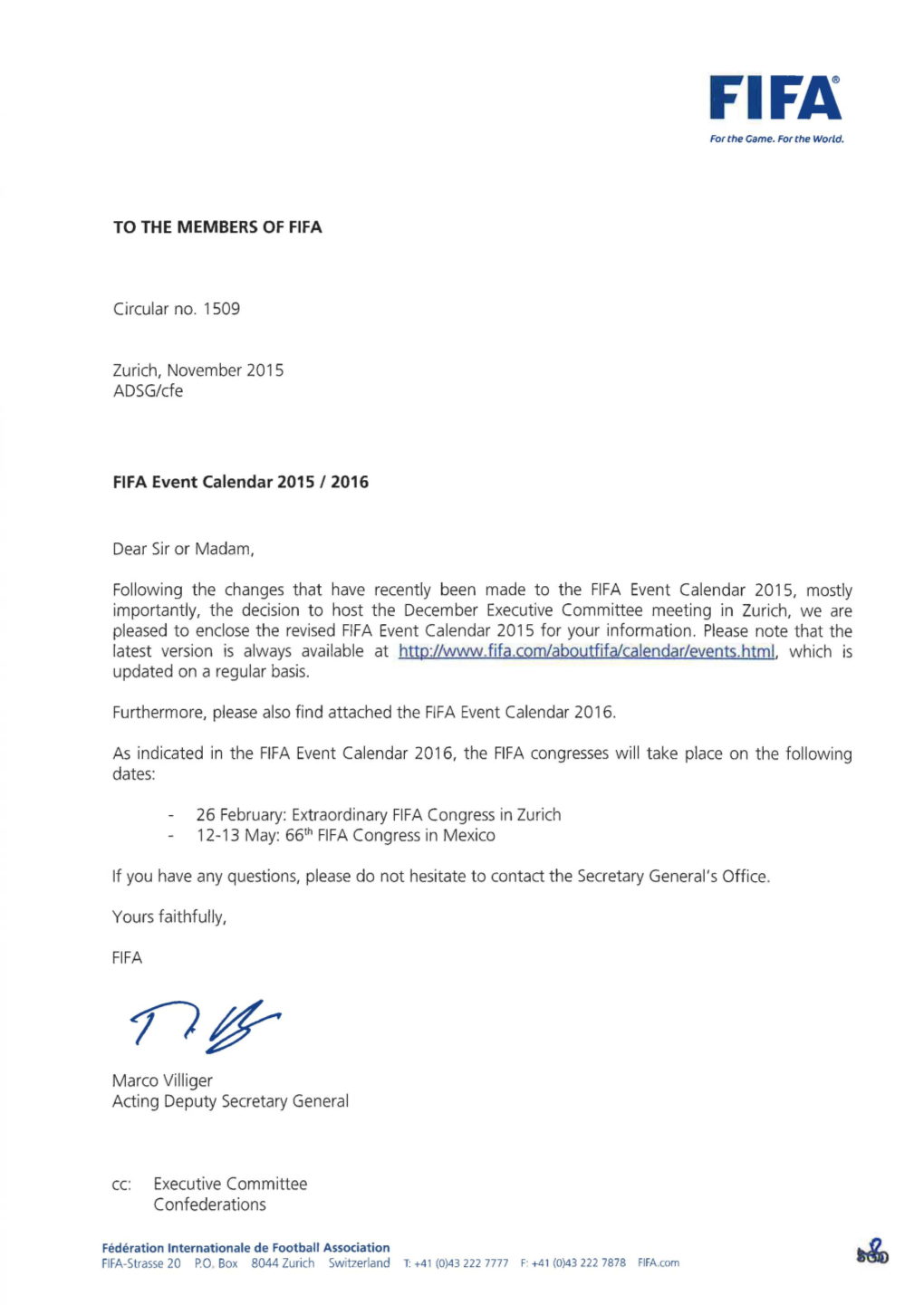 TO the MEMBERS of FIFA Circular No. 1509 Zurich, November 2015