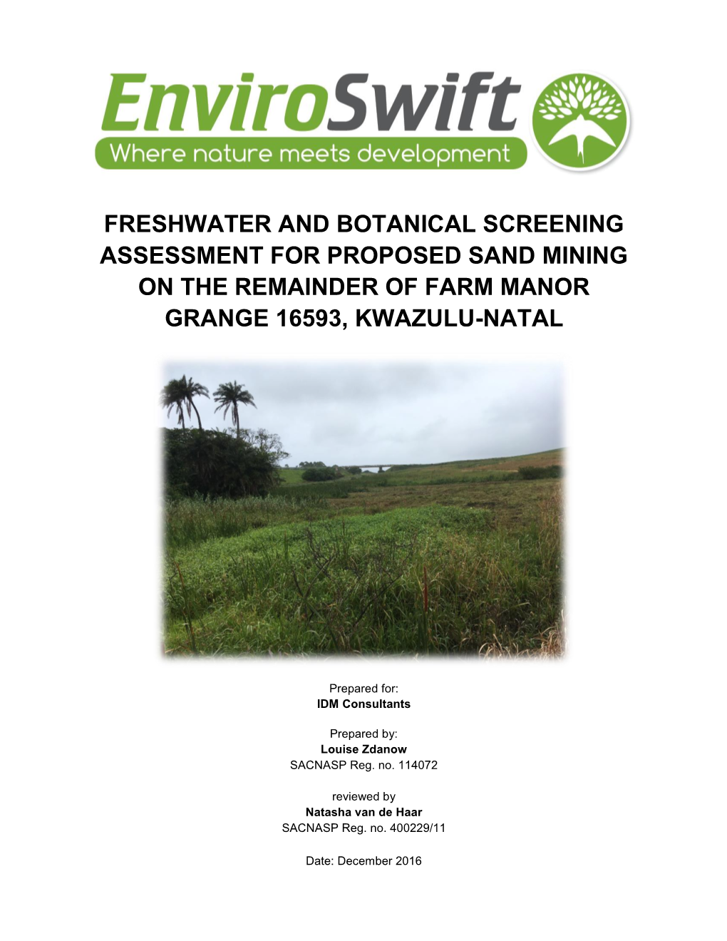 Freshwater and Botanical Screening Assessment for Proposed Sand Mining on the Remainder of Farm Manor