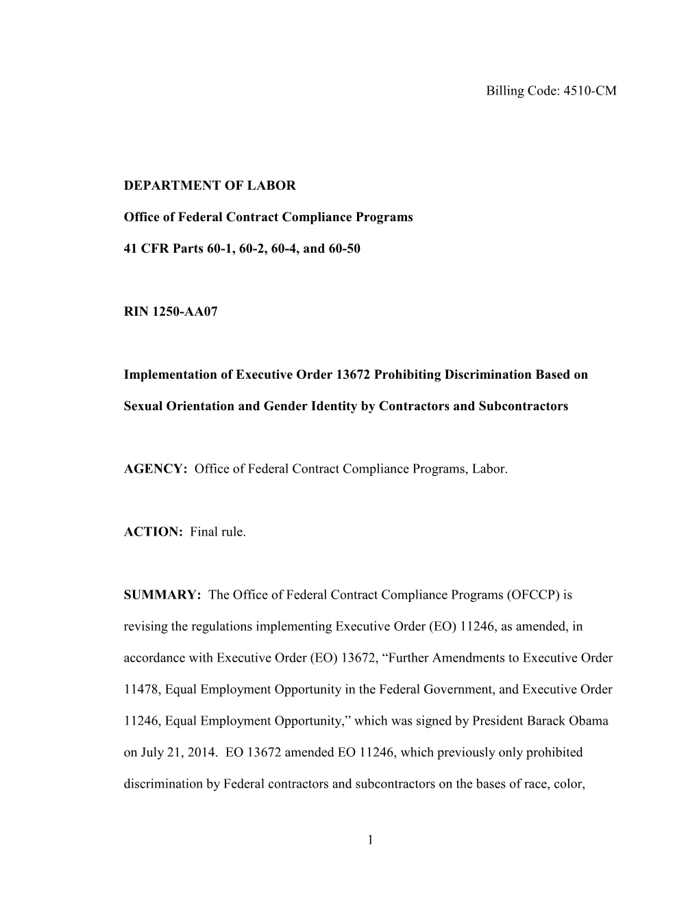 OFCCP 41 CRF Implementation of EO 13672 Prohibiting Discrimination