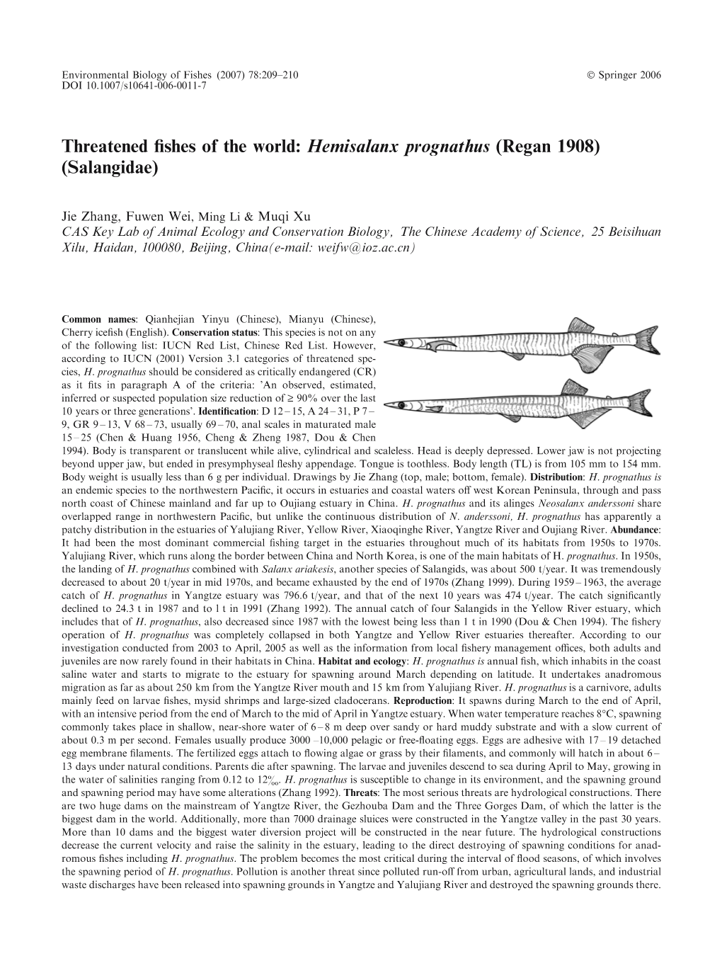 Threatened Fishes of the World: Hemisalanx Prognathus (Regan