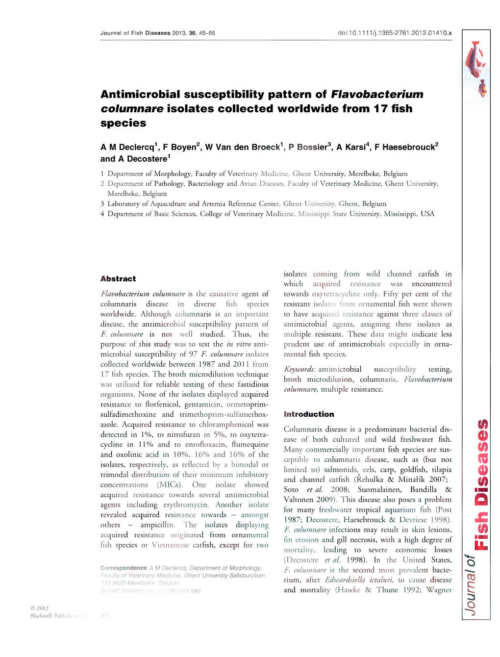 Antimicrobial Susceptibility Pattern of Flavobacterium Columnare Isolates Collected Worldwide from 17 Fish Species