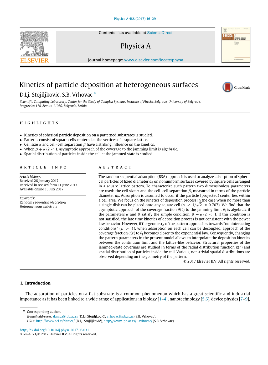 Physica a Kinetics of Particle Deposition at Heterogeneous Surfaces