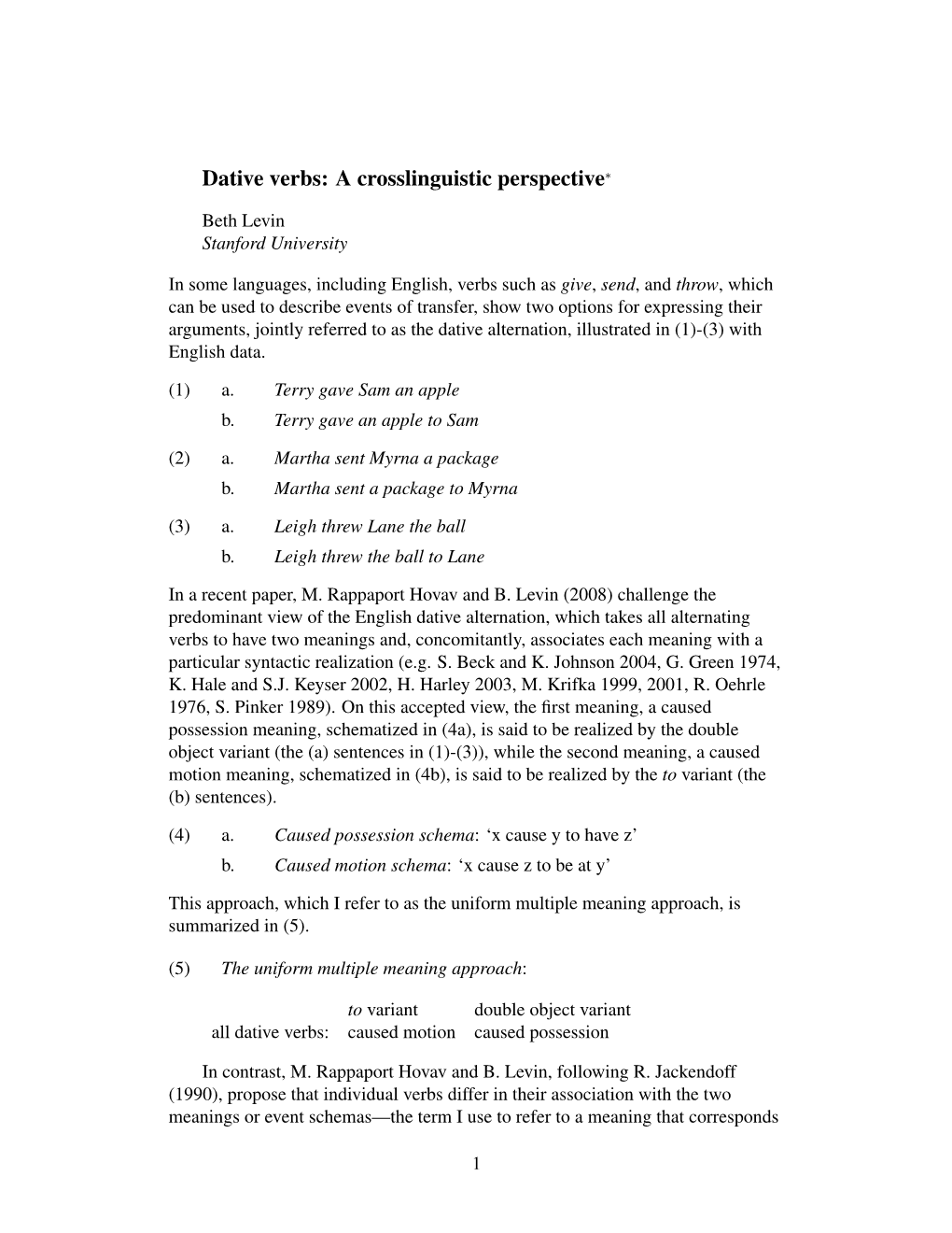 Dative Verbs: a Crosslinguistic Perspective∗