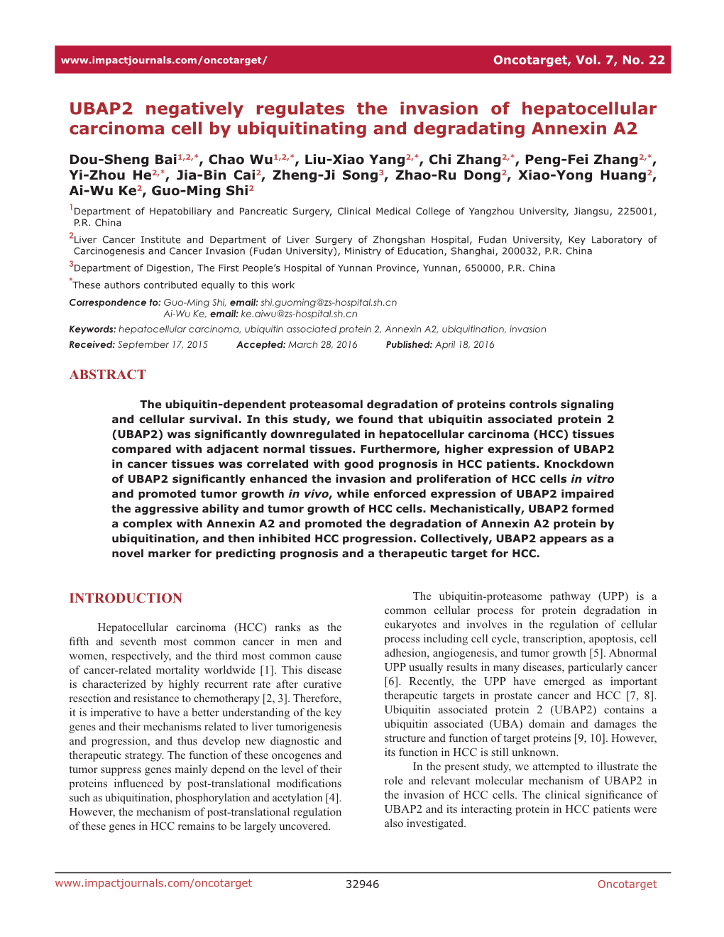 UBAP2 Negatively Regulates the Invasion of Hepatocellular Carcinoma Cell by Ubiquitinating and Degradating Annexin A2