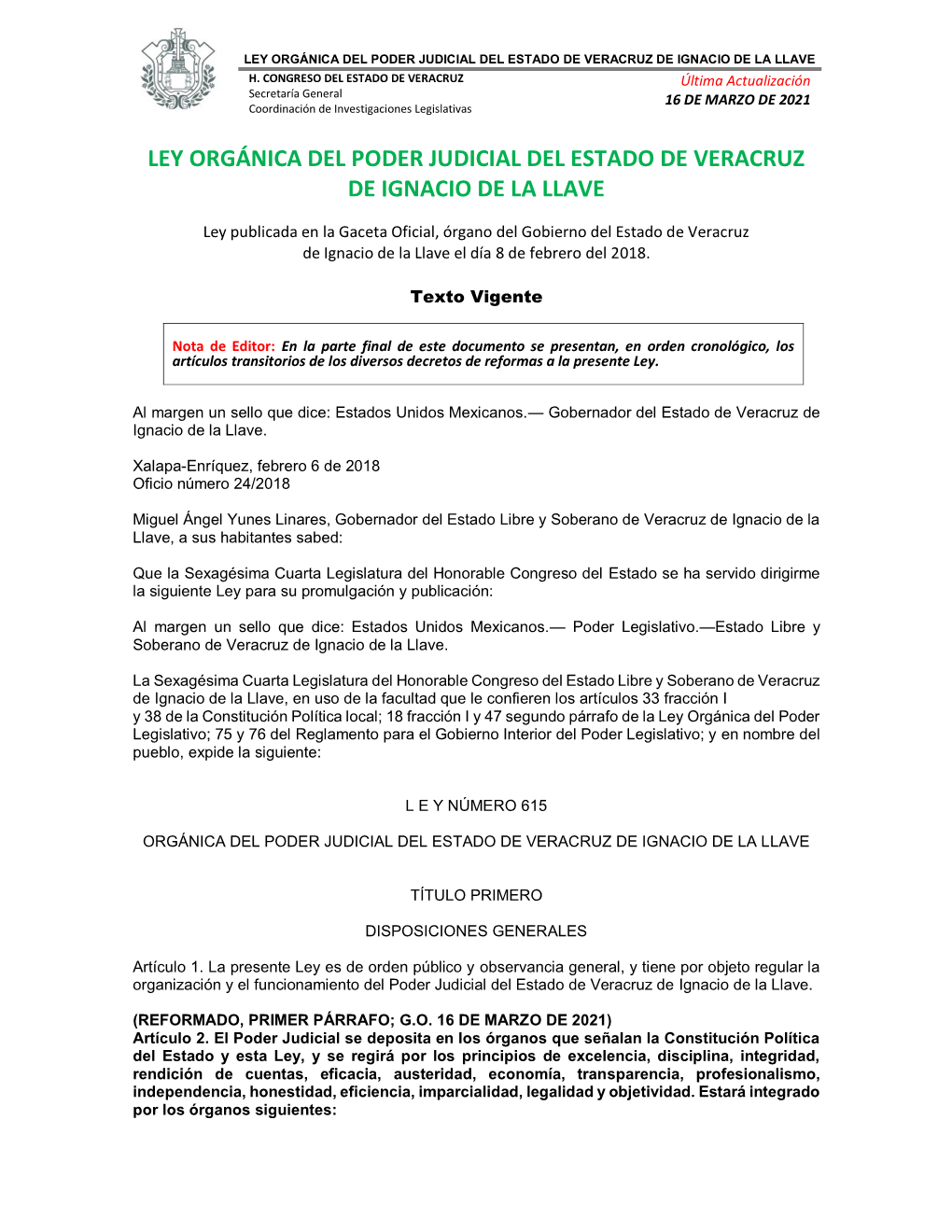 Ley Orgánica Del Poder Judicial Del Estado De Veracruz De Ignacio De La Llave H