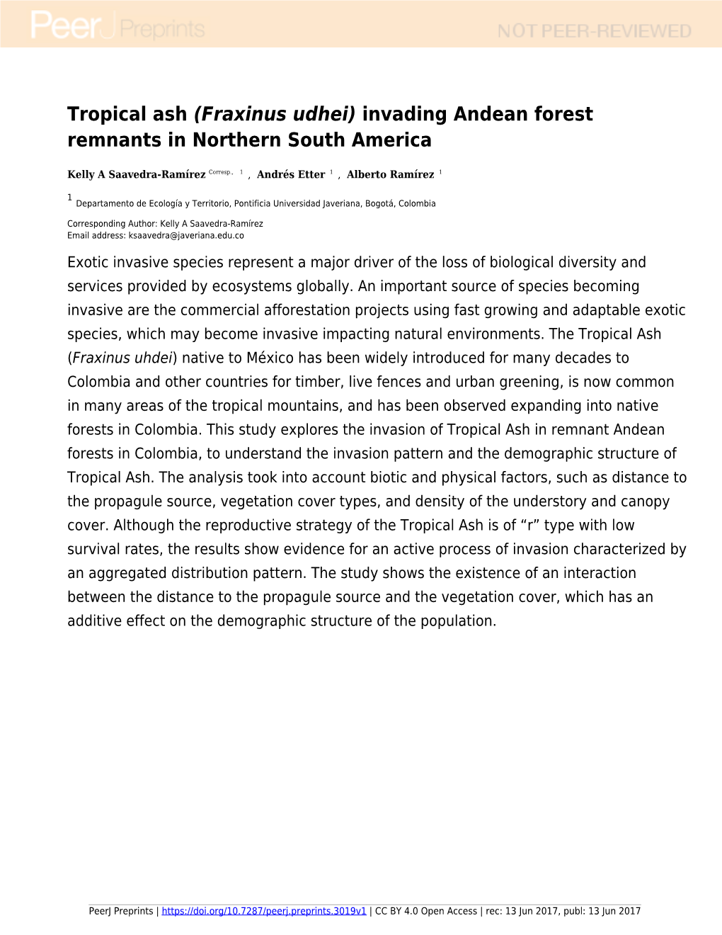 Tropical Ash (Fraxinus Udhei) Invading Andean Forest Remnants in Northern South America