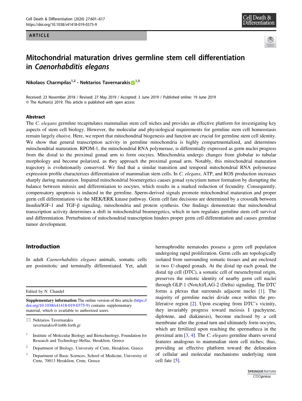 Mitochondrial Maturation Drives Germline Stem Cell Differentiation in Caenorhabditis Elegans