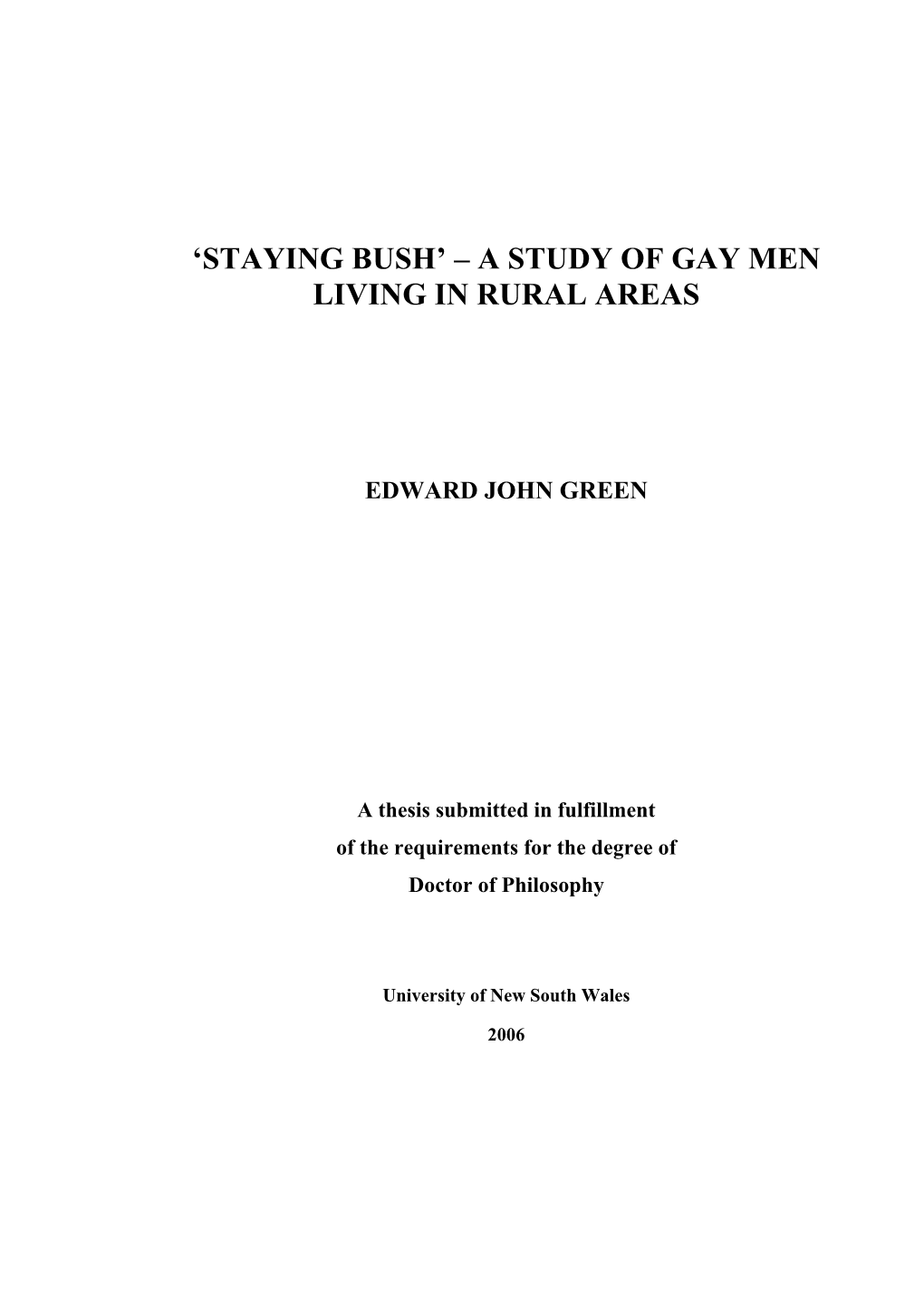'Staying Bush' – a Study of Gay Men Living in Rural Areas