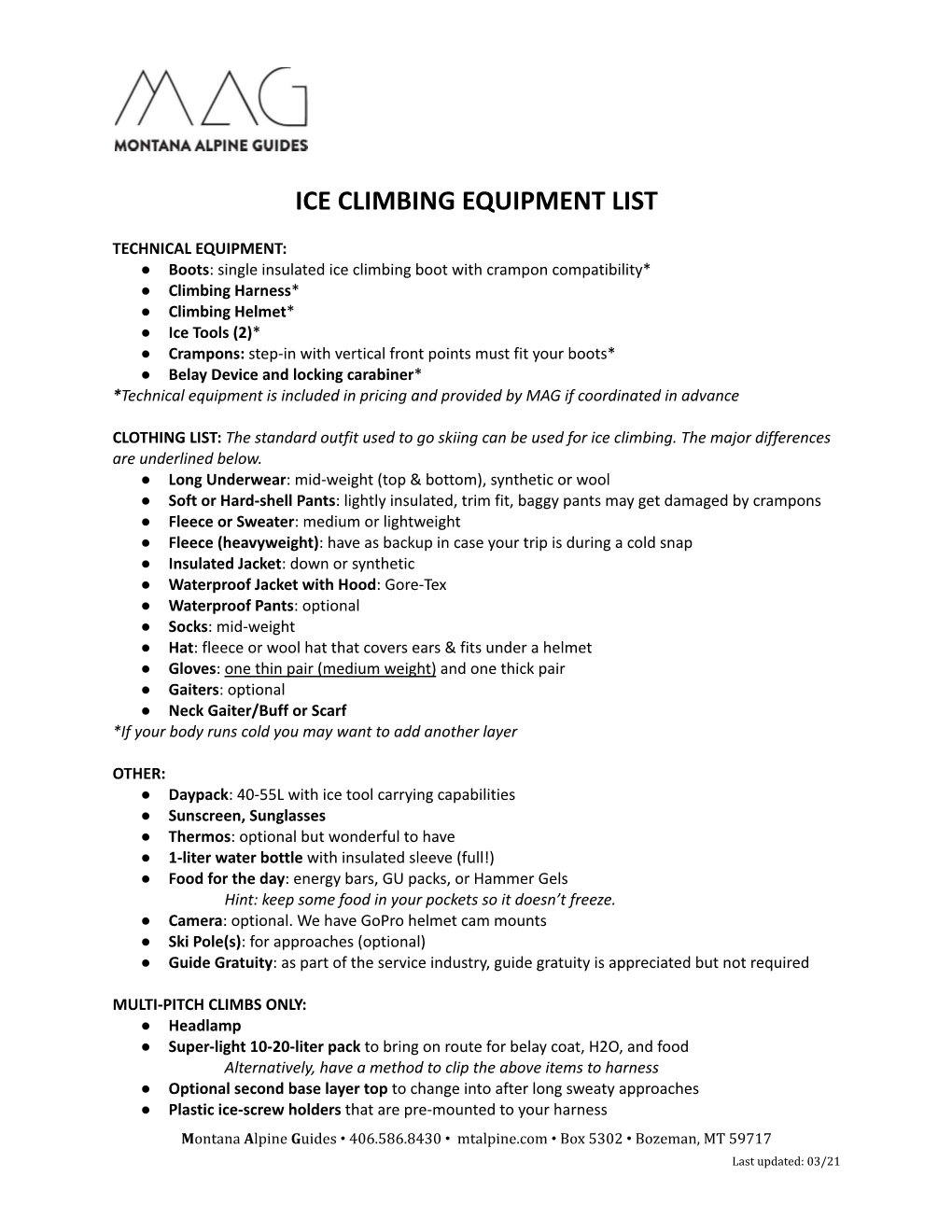 Ice Climbing Equipment List