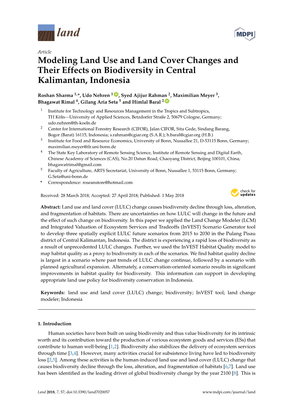 Modeling Land Use and Land Cover Changes and Their Effects on Biodiversity in Central Kalimantan, Indonesia