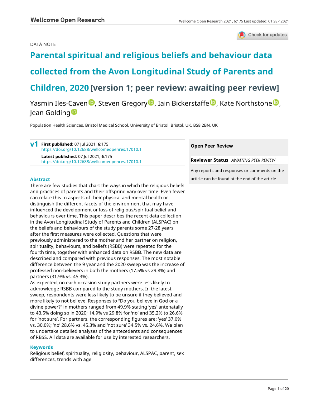 Parental Spiritual and Religious Beliefs and Behaviour Data Collected from the Avon Longitudinal Study of Parents and Children