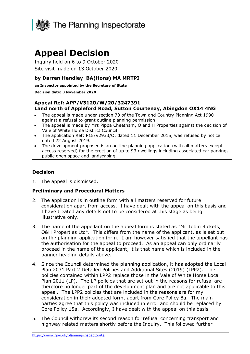 Appeal Decision Inquiry Held on 6 to 9 October 2020 Site Visit Made on 13 October 2020