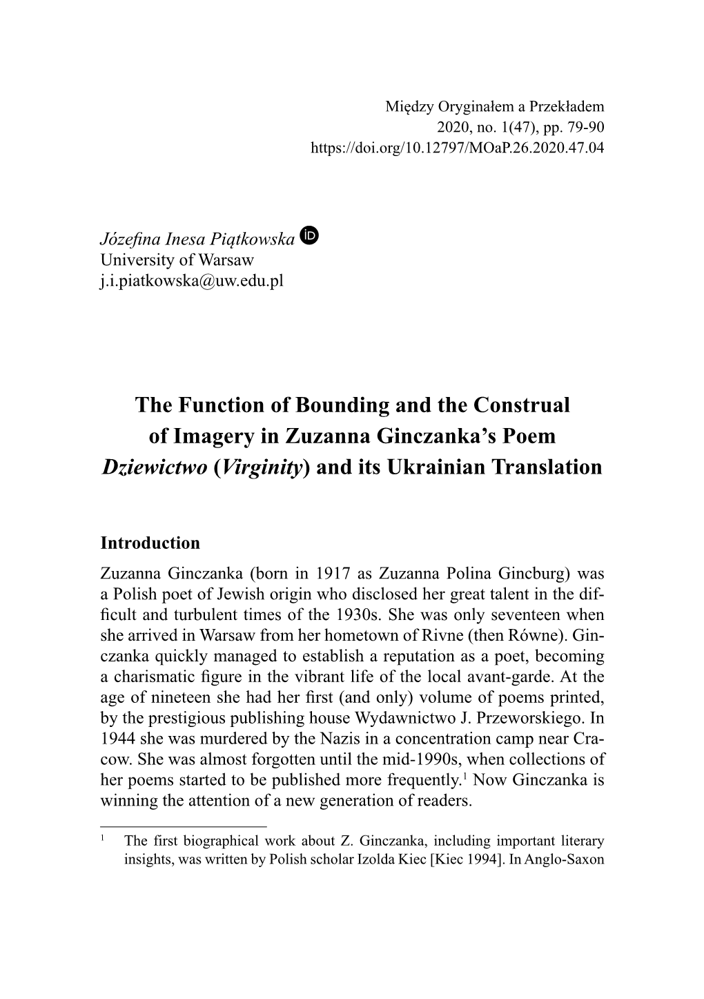 The Function of Bounding and the Construal of Imagery in Zuzanna Ginczanka’S Poem Dziewictwo (Virginity) and Its Ukrainian Translation