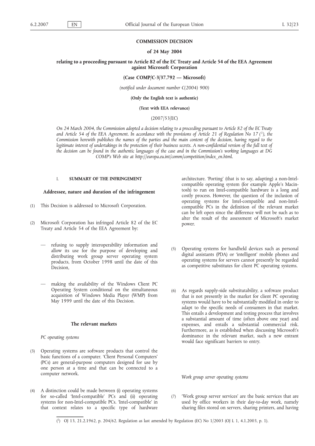 COMMISSION DECISION of 24 May 2004 Relating to a Proceeding