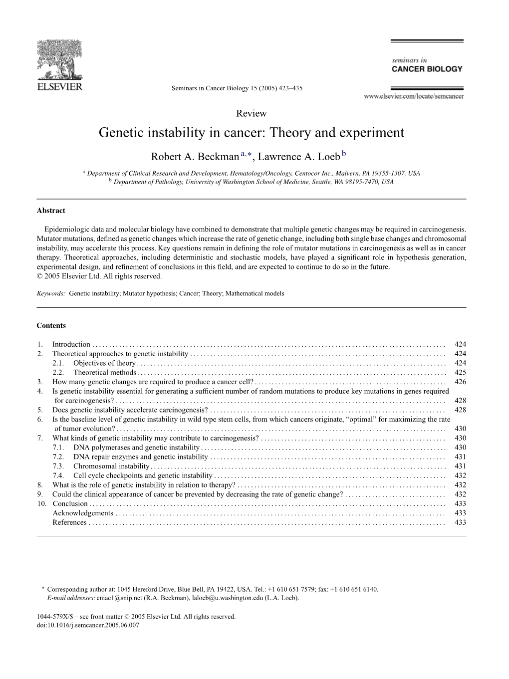 Genetic Instability in Cancer: Theory and Experiment