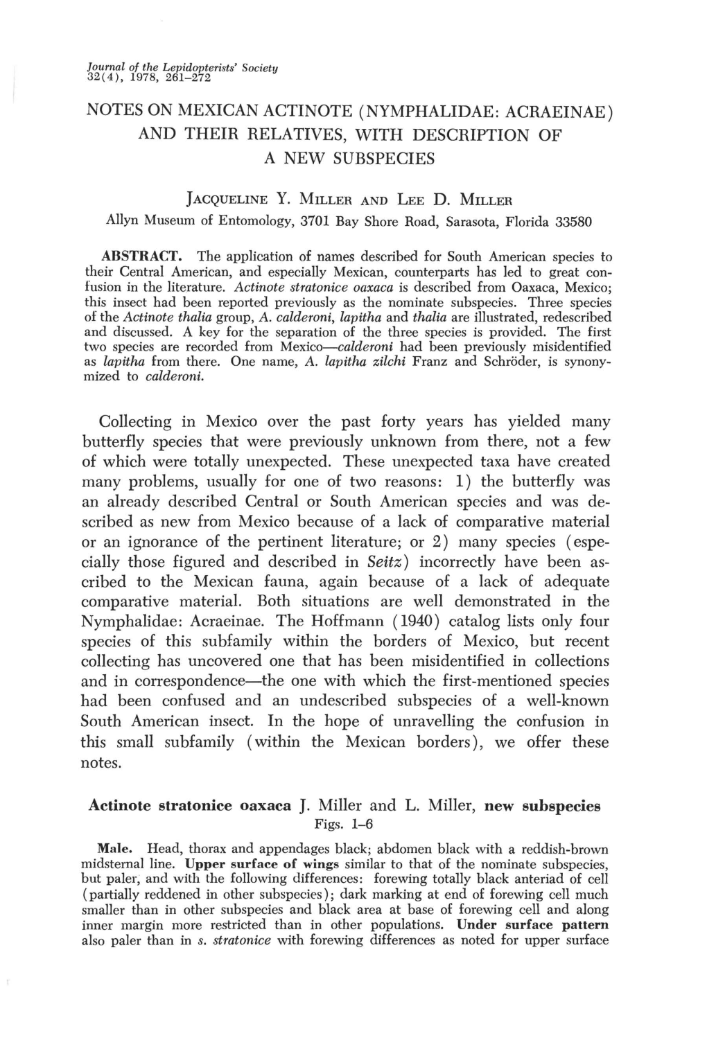 Notes on Mexican Actinote (Nymphalidae: Acraeinae) and Their Relatives, with Description of a New Subspecies