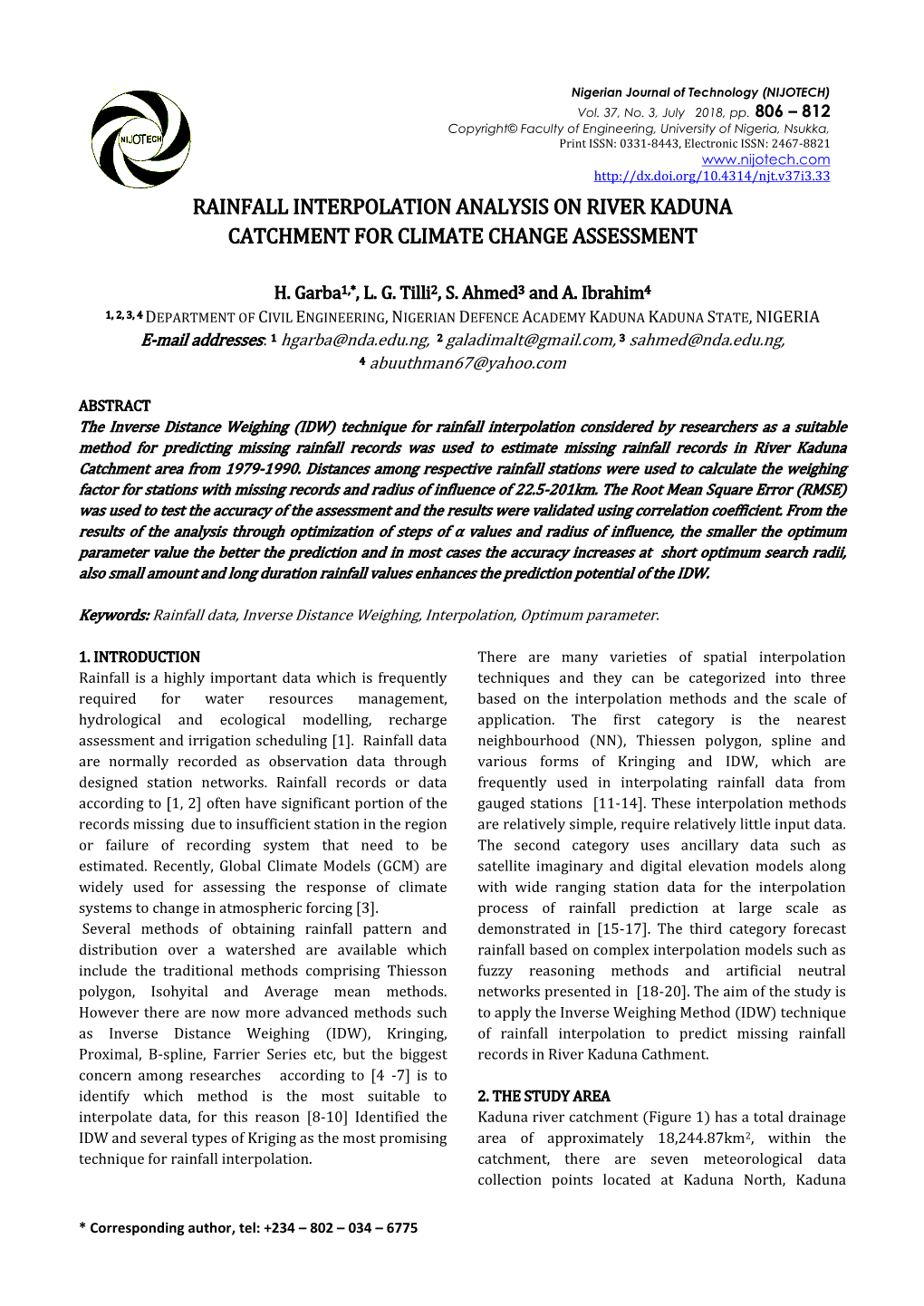 Rainfall Interpolation Analysis on River Kaduna Catchment for Climate Change Assessment