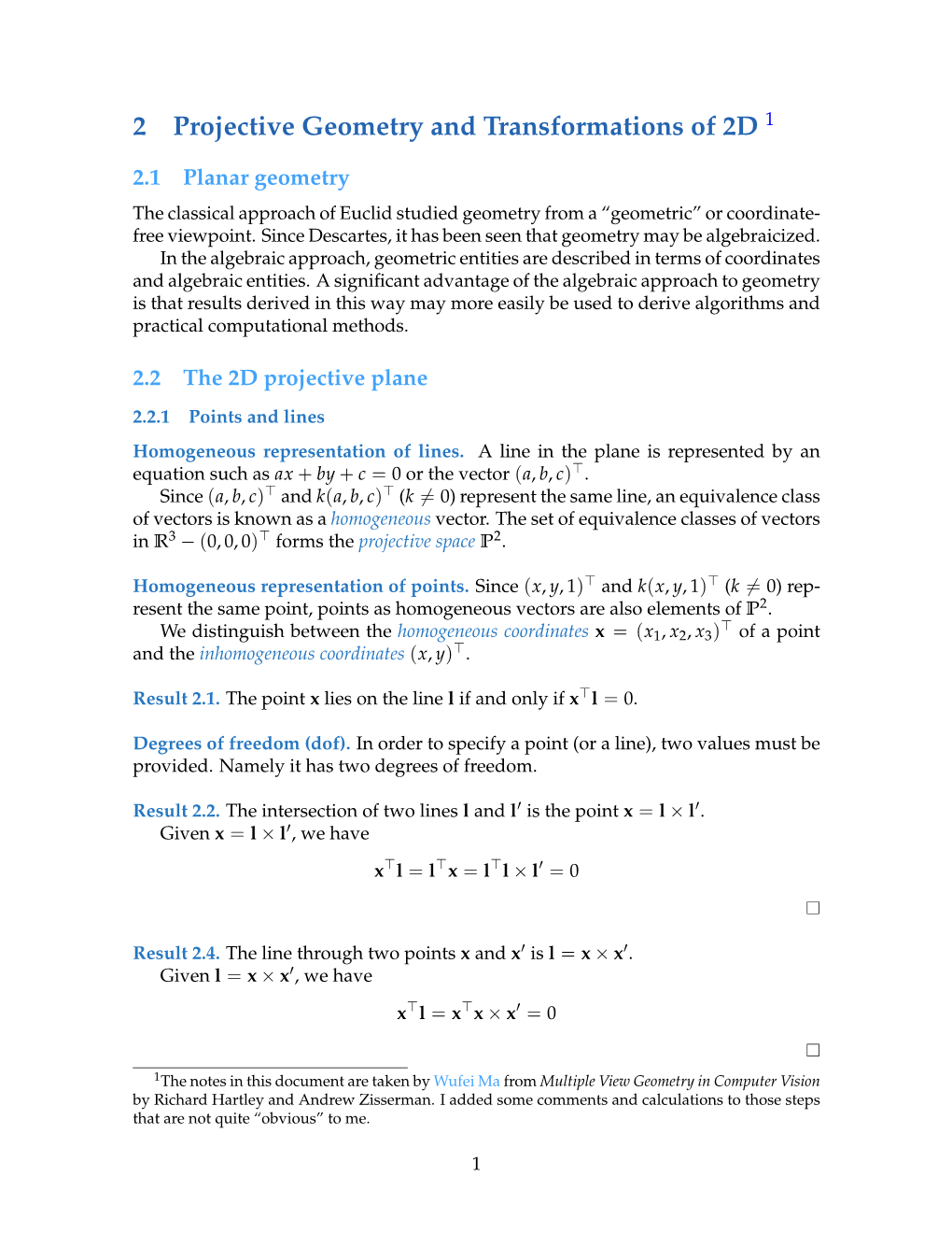 2 Projective Geometry and Transformations of 2D 1