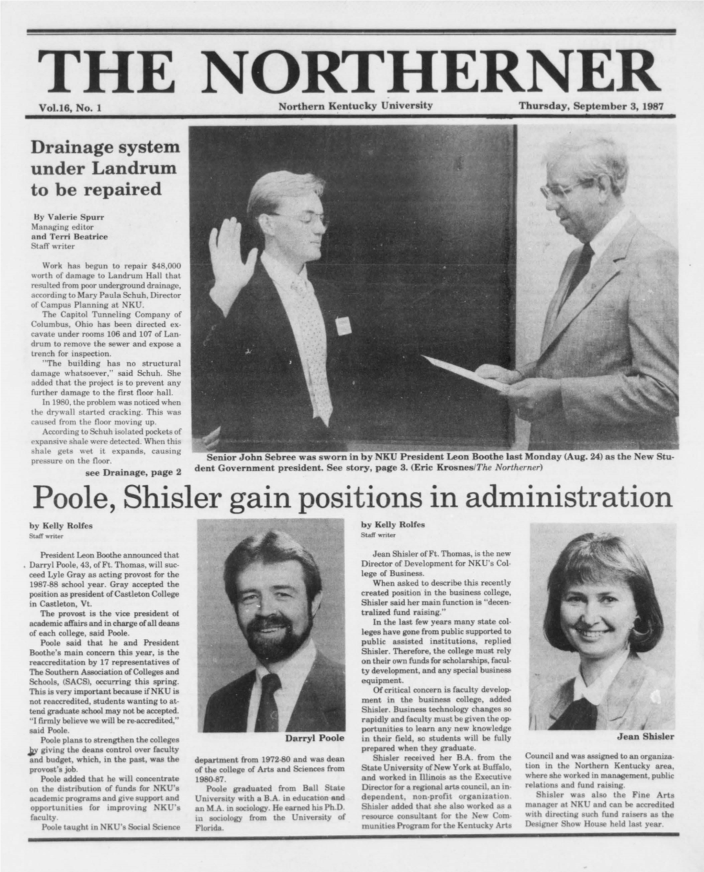 THE NORTHERNER Vol.16, No.1 Northern Kentucky University Thursday, September 3, 1987