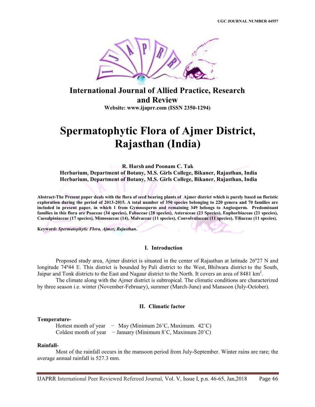 Spermatophytic Flora of Ajmer District, Rajasthan (India)