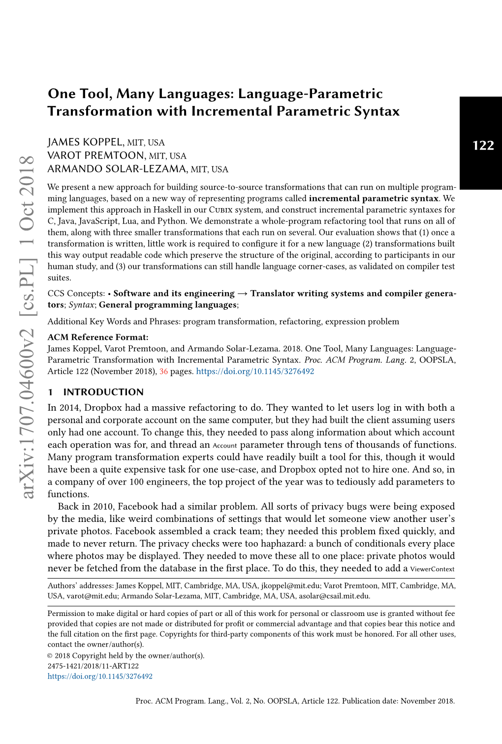 One Tool, Many Languages: Language-Parametric Transformation with Incremental Parametric Syntax