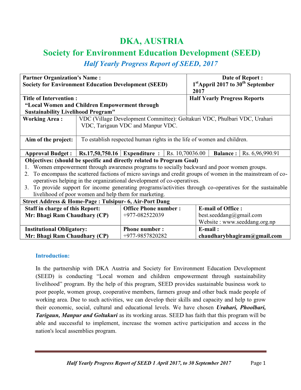 Half Yearly Progress Report of SEED, 2017