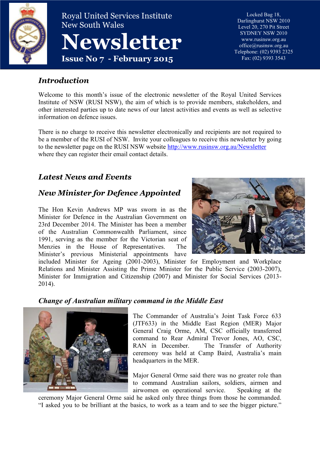 Newsletter Office@Rusinsw.Org.Au Telephone: (02) 9393 2325 Issue No 7 - February 2015 Fax: (02) 9393 3543