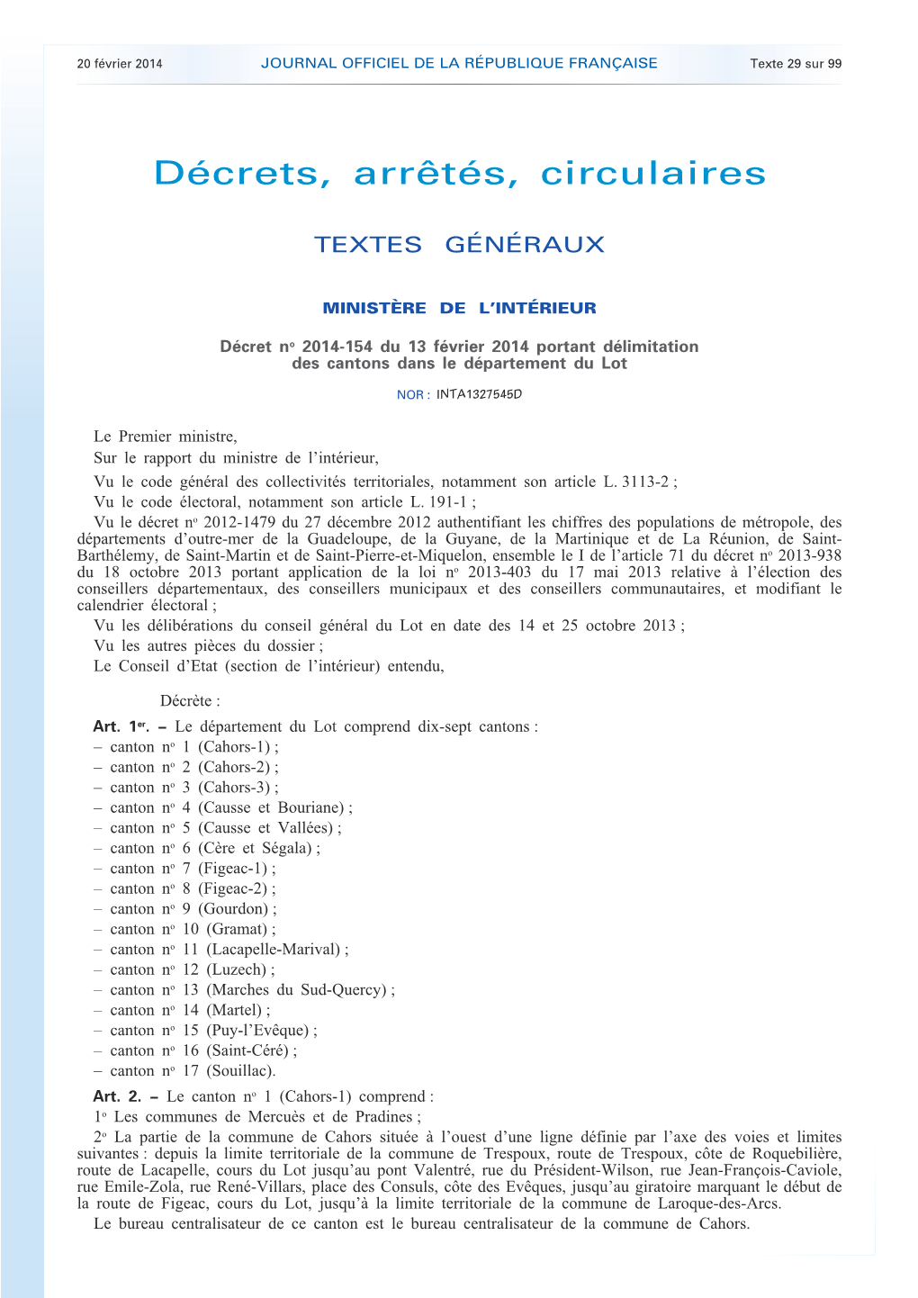 JOURNAL OFFICIEL DE LA RÉPUBLIQUE FRANÇAISE Texte 29 Sur 99