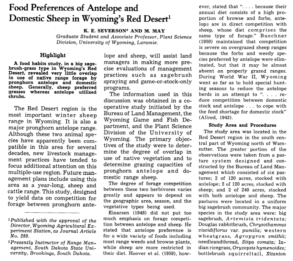 Food Preferences of Antelope and Domestic Sheep in Wyomin& Red