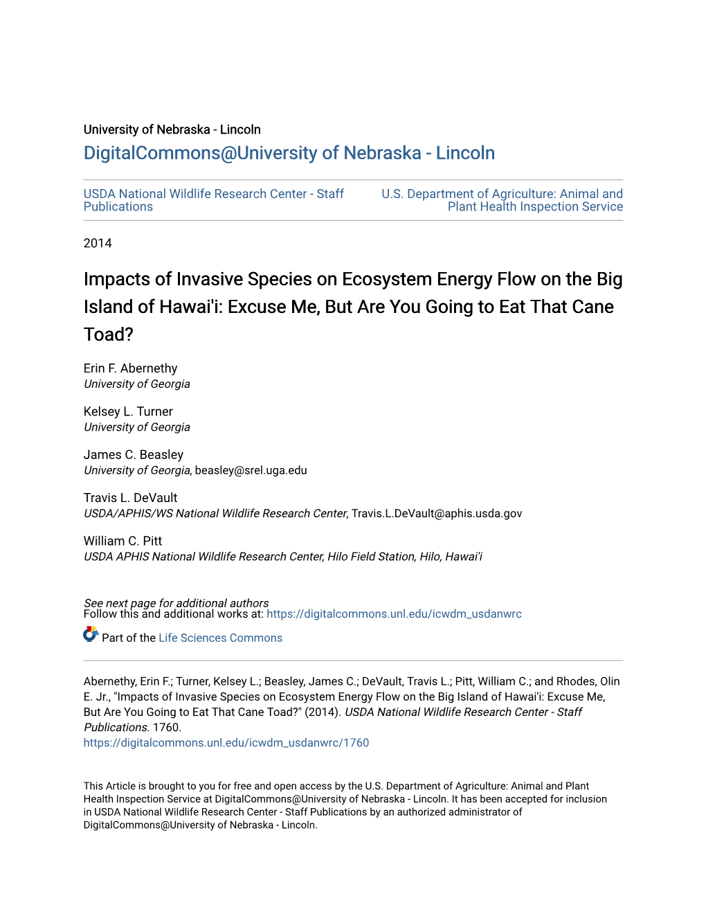 Impacts of Invasive Species on Ecosystem Energy Flow on the Big Island of Hawai'i: Excuse Me, but Are You Going to Eat That Cane Toad?