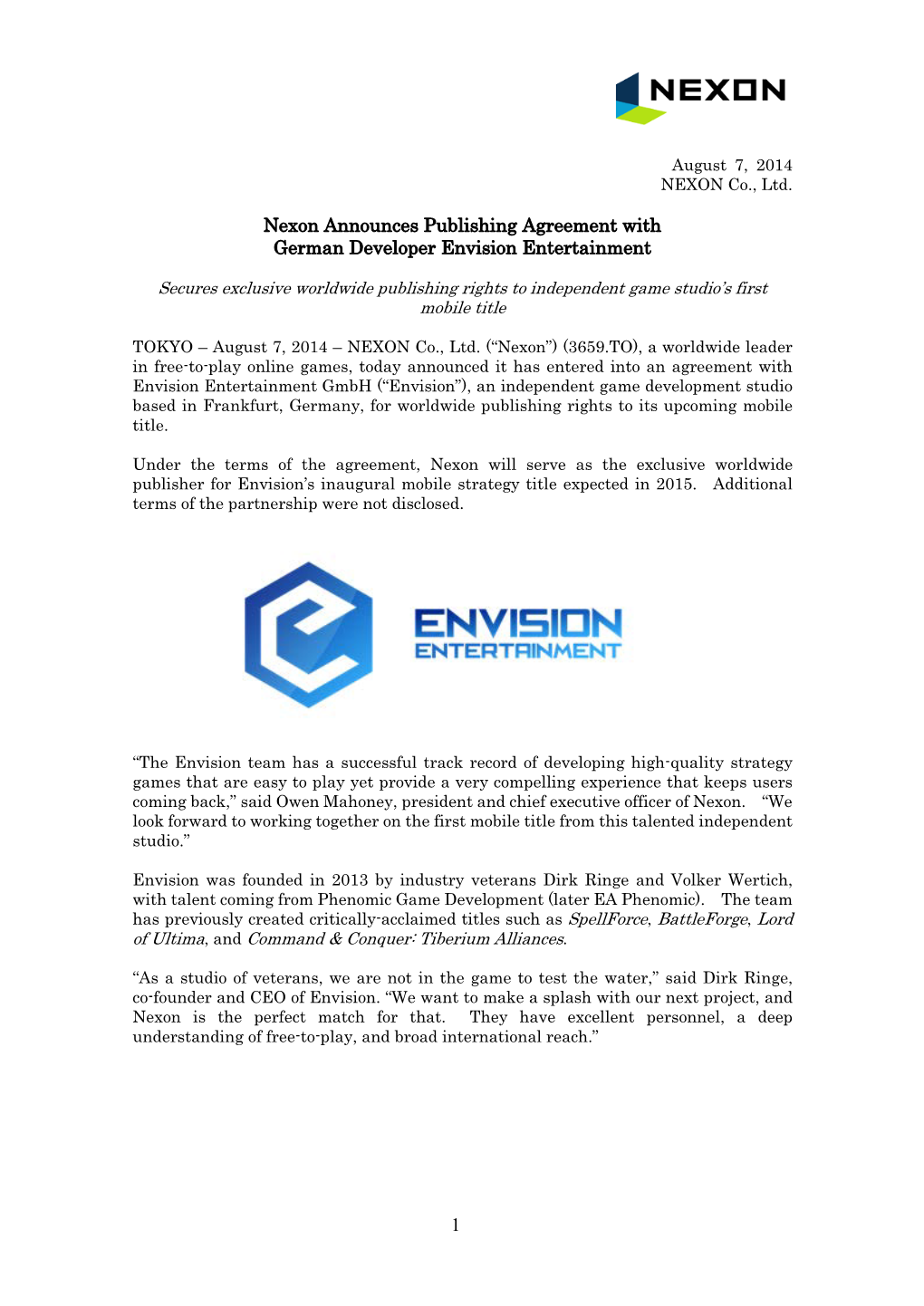 Nexon Announces Publishing Agreement with German Developer Envision Entertainment 1