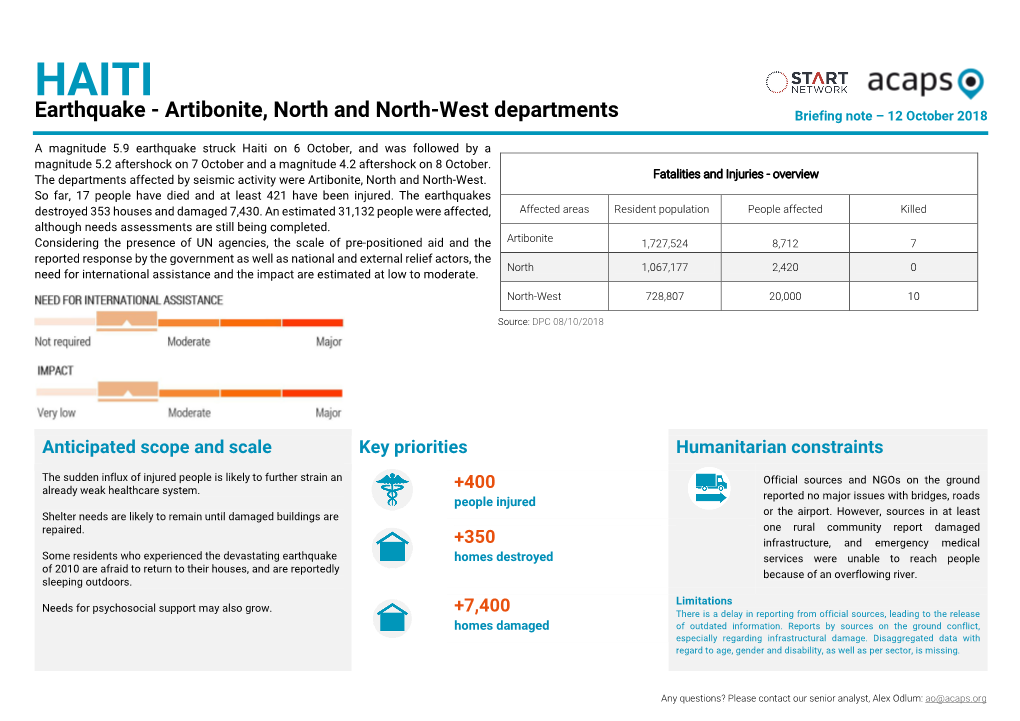 Earthquake - Artibonite, North and North-West Departments Briefing Note – 12 October 2018