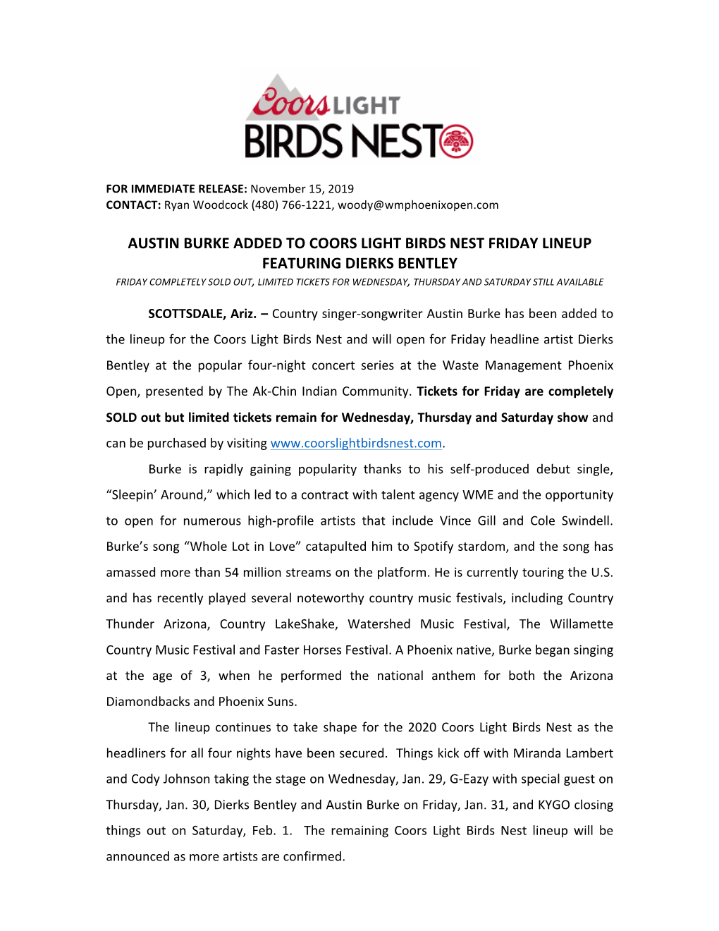 Austin Burke Added to Coors Light Birds Nest Friday Lineup Featuring