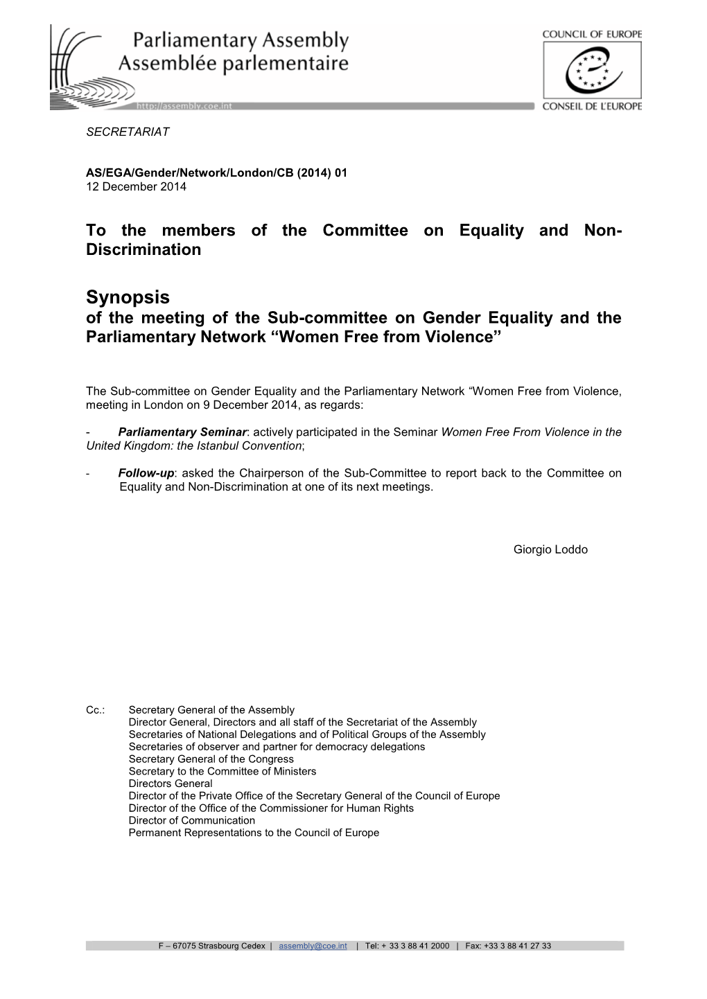 Synopsis of the Meeting of the Sub-Committee on Gender Equality and the Parliamentary Network “Women Free from Violence”