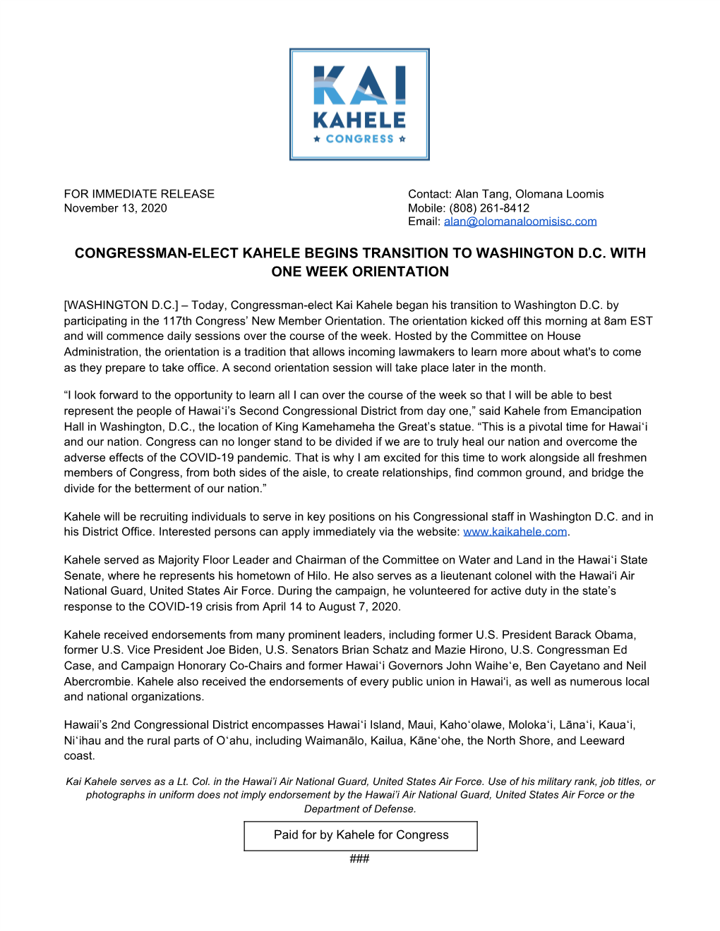 Congressman-Elect Kahele Begins Transition to Washington D.C