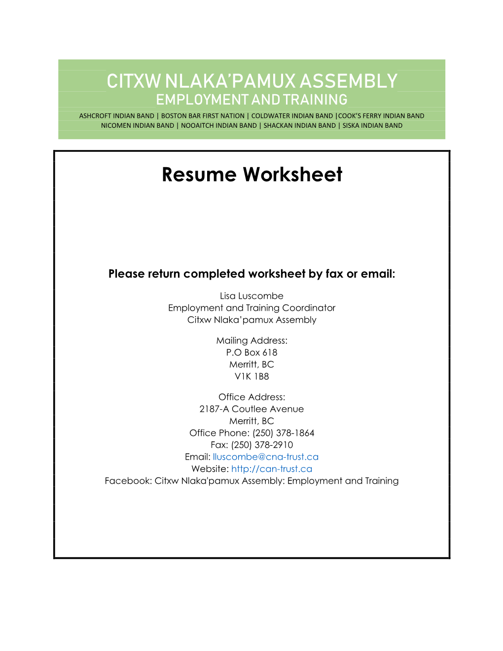 CITXW NLAKA'pamux ASSEMBLY Resume Worksheet