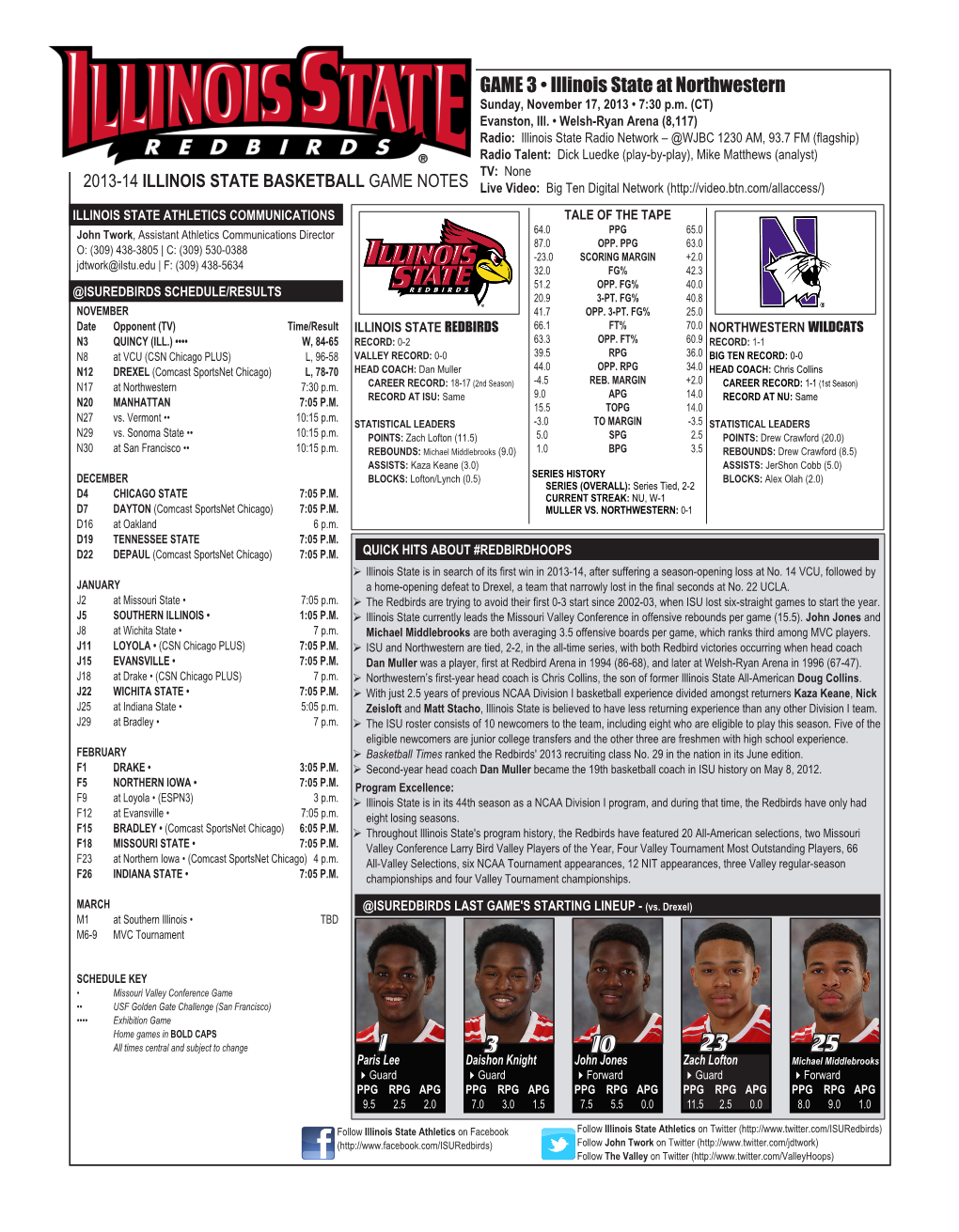 GAME 3 • Illinois State at Northwestern Sunday, November 17, 2013 • 7:30 P.M