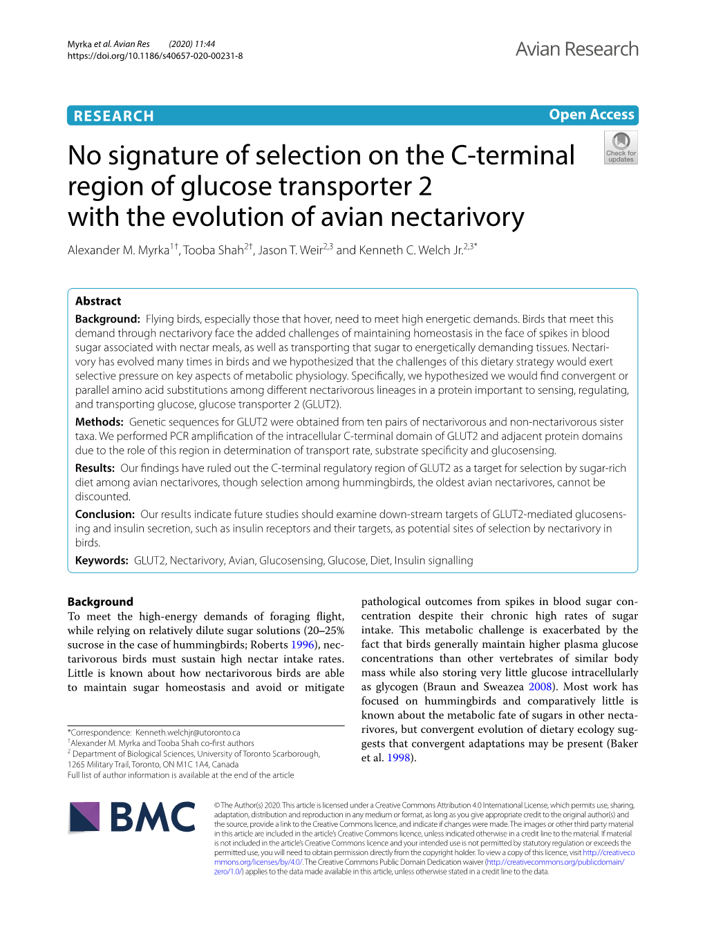 No Signature of Selection on the C-Terminal Region of Glucose Transporter 2 with the Evolution of Avian Nectarivory