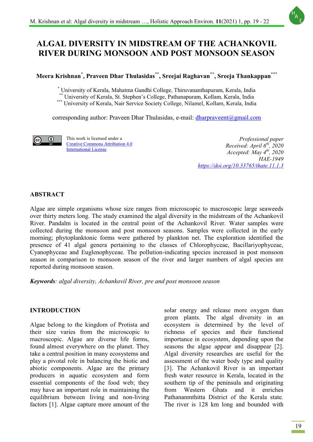 Algal Diversity in Midstream of the Achankovil River During Monsoon and Post Monsoon Season