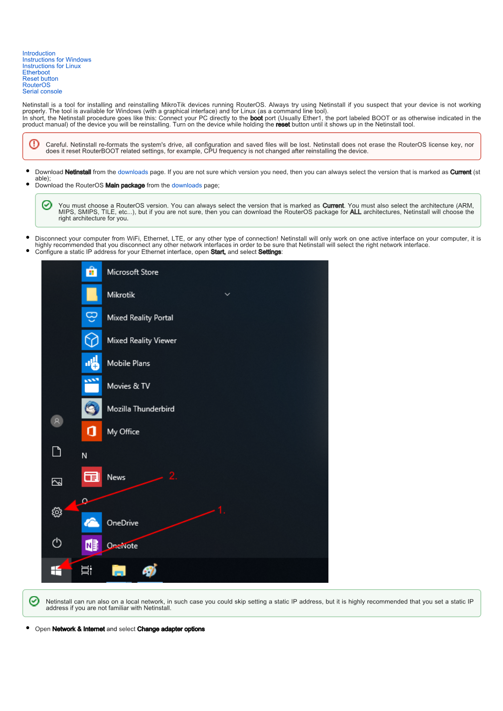 Introduction Instructions for Windows Instructions for Linux Etherboot Reset Button Routeros Serial Console