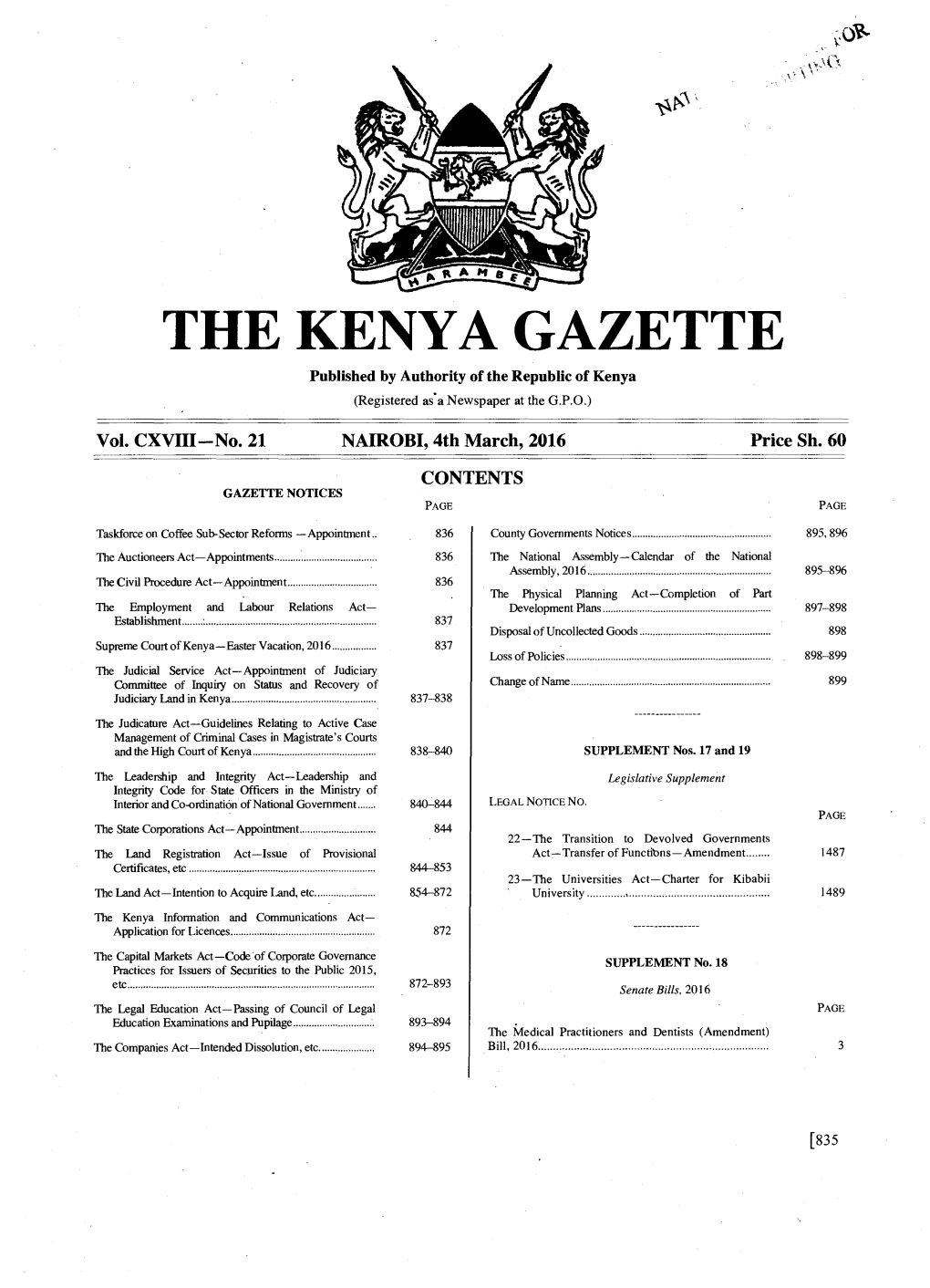 THE KENYA GAZETTE Published by Authority of the Republic of Kenya (Registered As a Newspaper at the G.P.O.)