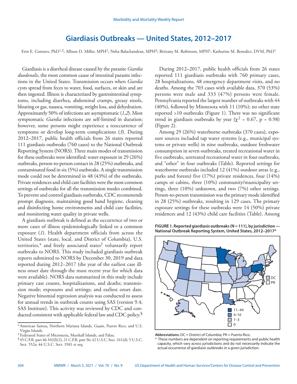 Giardiasis Outbreaks — United States, 2012–2017