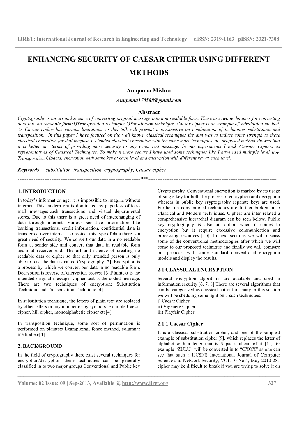 Enhancing Security of Caesar Cipher Using Different Methods