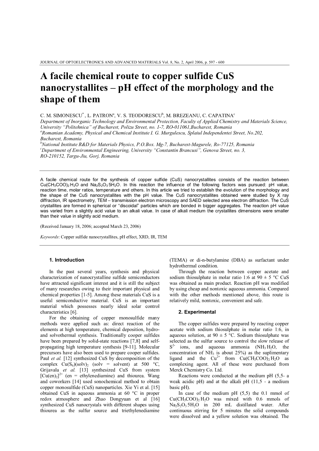 A Facile Chemical Route to Copper Sulfide Cus Nanocrystallites – Ph Effect of the Morphology and the Shape of Them