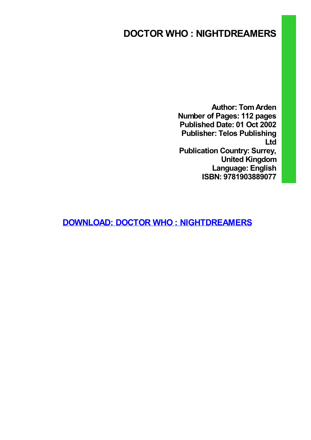 {DOWNLOAD} Doctor Who : Nightdreamers Ebook, Epub
